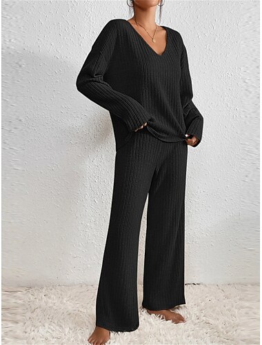  Loungewear-Sets für Damen in reinen Farben, lässig, bequem, weich, für zu Hause, für den Alltag, Urlaub, Strick, atmungsaktiv, V-Bügel, langärmelig, Pullover, Hose, Herbst-Winter-Home-Outfits