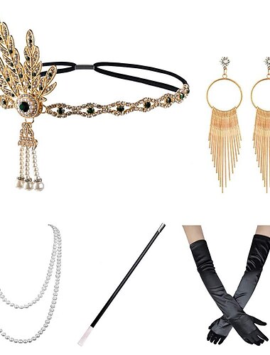  Årgang 1920-tallet Den store Gatsby Flapperpannebånd i 1920-stil Tilbehørsett Charleston Fjær Kostyme Dame Maskerade Utdrikningslag Festival Voksne Hansker Pannebånd Alle årstider