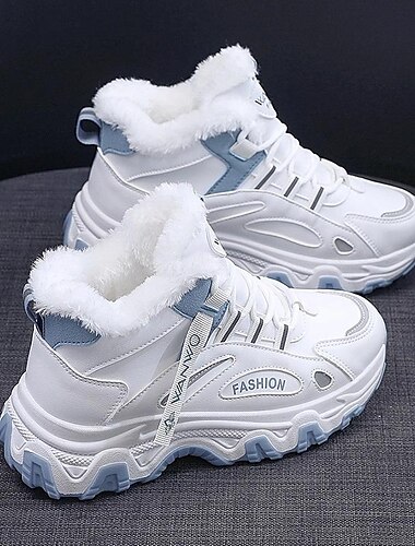  Zapatillas blancas de invierno para mujer con forro de felpa y suela gruesa: zapatillas deportivas altas y cálidas para clima frío