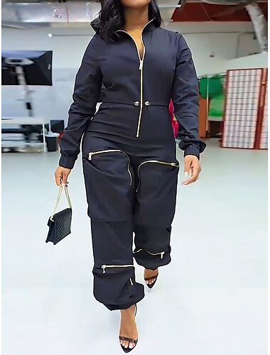  Combinaison Femme Zippé Poche Couleur unie Col de Chemise Vêtement de rue Plein Air du quotidien Standard Sans Manches Noir S Automne