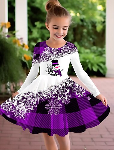  Tyttöjen 3D Skottiruutukuvio Lumiukko Lumihiutale Mekko Lumihiutale mekko Pitkähihainen 3D-tulostus Syksy Talvi Loma Urheilu ja ulkoilu Päivittäin söpö tyyli Vapaa-aika Kaunis Lapset 3-12 vuotta