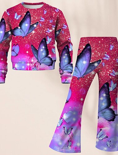  Mädchen 3D Schmetterling Set Set aus Sweatshirt und Schlaghose Langarm 3D-Druck Herbst Winter Aktiv Modisch Täglich kinderkleidung 3-12 Jahre Rundhalsausschnitt Outdoor Urlaub Verabredung Regular Fit