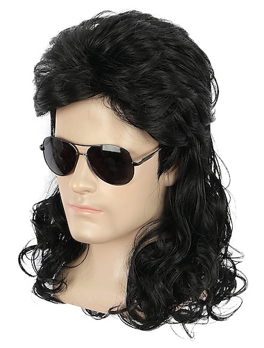  Lange dunkelbraune Perücke Rock-Star-Stil Mullet Cosplay-Perücke 70er 80er Kostümperücke Karneval lockige Haarpartyperücken Halloween Perücken