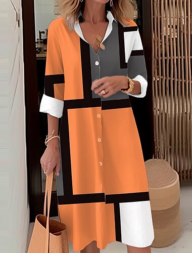  Damen Midi-Kleid Hemdkleid Freizeitkleid Outdoor Büro Alltag Mode Modern Hemdkragen Knopf Tasche Langarm Herbst Winter Lockerer Schnitt Geometrisch Karierte