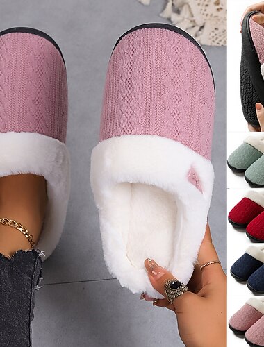  女性用ピンクニットフリース裏地スリッパ - 滑り止めソールを備えた快適な室内冬用シューズ