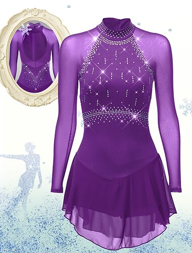  Eiskunstlaufkleid Damen Mädchen Eislaufen Kleider Purpur Dunkellila Schwarz Gitter Elasthan Hochelastisch Wettbewerb Eiskunstlaufkleidung Anatomisches Design Rasche Trocknung Handgemacht Klassisch