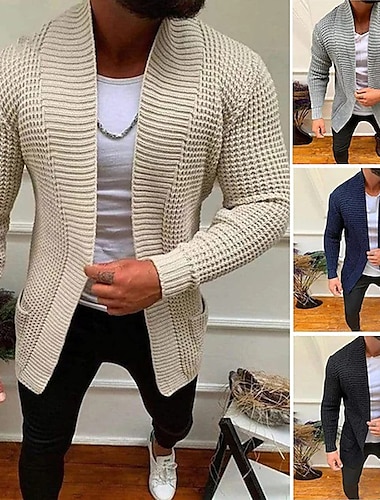  Men's Cardigan Sweater Fall Sweater Ribbed Regular Plain Open Front Warm Ups Modern Contemporary Daily Wear Going out Clothing Apparel Winter Black Blue M L XL