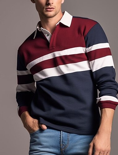  Męskie Prążki Koszulki polo do rugby Długi rękaw Koszulki polo Suwak Codzienny Na zewnątrz Codzienne Streetwear 3D Nadruk Jesień i zima Żółty Wino Czerwony