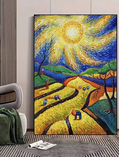  Originales Sternenhimmel-Ölgemälde auf Leinwand, strukturierte Wandkunst, abstrakter Impressionismus, Erntegemälde, gelbe Landschaftskunst, Dekor, Schlafzimmer-Wanddekoration (kein Rahmen)