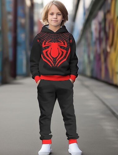  マイル モラレス コスチューム ハロウィン ボーイズ 3D スパイダー パーカー & パンツ セット 長袖 3D プリント 秋冬 アクティブ ファッション クール ポリエステル 子供 3-12 歳 アウトドア ストリート バケーション レギュラーフィット