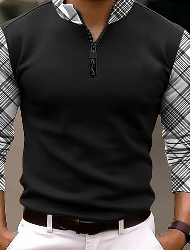  Herren Karomuster Reißverschluss-Polo Golf Poloshirts Langarm Polo-Shirts Reißverschluss Geschäftlich Outdoor Alltagstauglich Streetwear 3D Druck Herbst Winter Schwarz Weiß Dunkelmarine