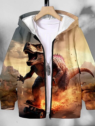  Para Meninos 3D Dinossauro Moletom Casaco Casacos Manga Longa Impressão 3D Outono Inverno Moda Roupa de rua Legal Poliéster Infantil 3-12 anos Ao ar livre Casual Diário Normal