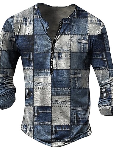  Herren Graphic Patchwork Henley Shirt Langarm 3D-Druck Modisch Täglich Brautkleider schlicht Casual Festtage Ausgehen Frühling & Herbst Hellblau Königliches Blau Blau Dunkelblau Henley Henley T-Shirt