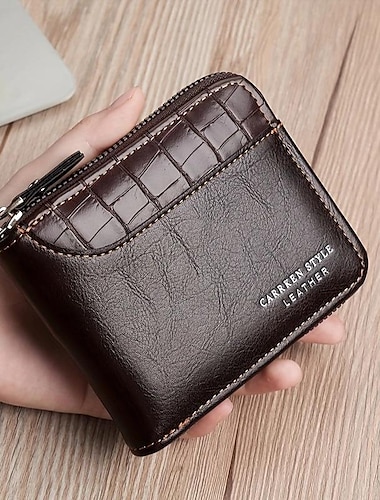  tvåfaldig plånbok i konstläder – myntväska med dragkedja i vintagestil med kortplatser, kompakt design för affärs- och fritidsbruk
