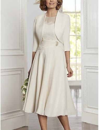  Twee Delige A-Lijn Moeder van de Bruid Jurk Elegante Feest Scoop Hals Thee Lengte Kant Stretch Chiffon 3/4 Lengte Mouw met Plooien Kristallen Derby Jurk Race Dag Jurk 2025 gratis maat op maat