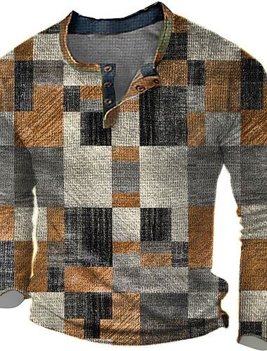  Per uomo Pop art Color Block A quadri Camicia Henley Waffle Stile casual Classico Manica lunga Stampa 3D Di tendenza Originale Essenziale Esterno Giornaliero Primavera & Autunno Arancione Henley