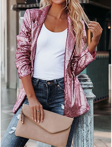 Women's Blazer Party Outdoor Street Fall Winter Coat Regular Fit Breathable Stylish Contemporary Modern Style Jacket Long Sleeve Plain Sequins Glitter Black Pink Wine