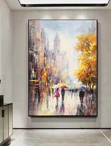 håndlaget håndmalt moderne by oljemaleri veggkunst bylandskap oljemaleri regndag maleri gatelandskap maleri original bykunst maleri dekor rullet lerret uten ramme ustrukket