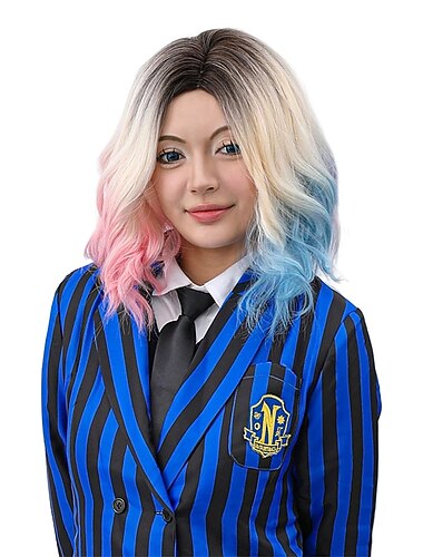  Ombre loira rosa e azul peruca curta ondulada parte lateral do cabelo adultos mulheres meninas cosplay perucas para presente de festa perucas de halloween