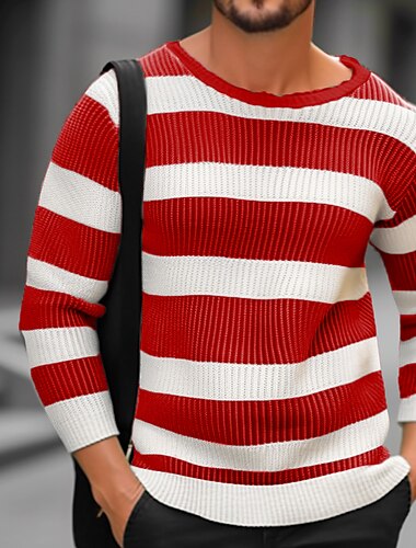  Homens Pulôver suéter Estriado Tricotar Padrão Tricotado Listrado Gola Redonda Contemporâneo Moderno Trabalho Roupa Diária Roupa Inverno Preto Vermelho S M L