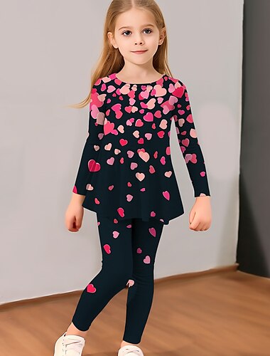  女の子 3D ハート Tシャツ＆レギンス フリルドレスセット 長袖 3Dプリント 秋 冬 活発的 ファッション 日常 子供 3〜12年 アウトドア バケーション デート レギュラー