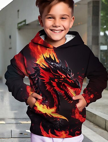  للصبيان 3D حيوان تنين هوديي Pullover كم طويل طباعة ثلاثية الأبعاد الخريف الشتاء موضة أناقة الشارع كوول أطفال 3-12 سنة الأماكن المفتوحة فضفاض مناسب للبس اليومي عادي