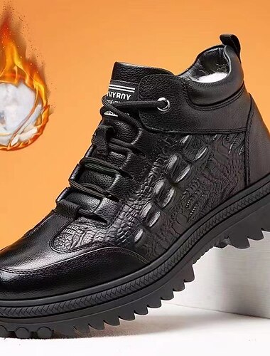  Botines negros de piel sintética para hombre con diseño de cordones y forro de felpa cálido: duraderos y elegantes para usar en invierno.