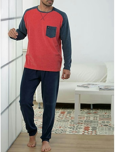  Herren Hausanzug Schlafanzüge Schlafanzug Set Pyjama-Oberteil und Hose 2 Stück Glatt Stilvoll Brautkleider schlicht Komfort Heim Täglich Baumwollmischung Komfort Rundhalsausschnitt Langarm T Shirt