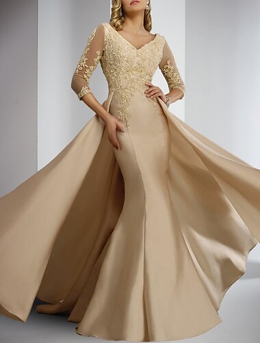  Sheath Abendkleid formelle Hochzeitsgäste elegantes V-Ausschnitt bodenlang Satin Spitze 3/4-Längen-Ärmel mit Applikationen 2025