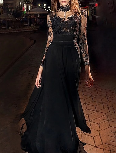  גזרת A שמלות ערב וינטאג' שמלה נשף מסכות עד הריצפה שרוול ארוך צווארון גבוה שמלה שחורה שיפון עם אפליקציות 2024