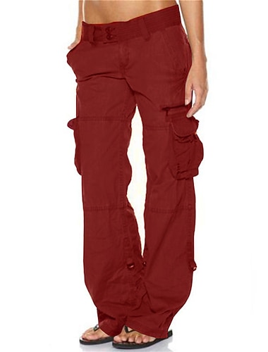  Γυναικεία Παντελόνια με τσέπες Πλατύ Πόδι Τσέπη Μεσαία Μέση Πλήρες μήκος Κρασί Χειμώνας