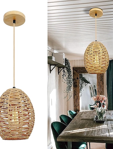  rotting taklampa kreativ handgjord taklampa 7,28" retro upphängningslampa vävd hänglampa flätad lampskärm hängande armatur för matbord restaurang 110-240v