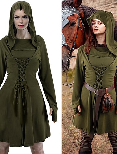  レトリ／ヴィンテージ パンク＆ゴシック 中世 ドレス ルネサンスフェア バイキング Ranger エルフ アーチェリー 女性用 バイキング ファンタジー ハロウィーン カーニバル パーティー カジュアル／普段着 成人 ドレス 秋冬
