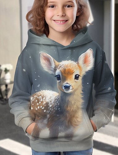  للفتيات 3D حيوان كارتون أيل هودي للكريسماس هوديي Pullover كم طويل طباعة ثلاثية الأبعاد الخريف الشتاء نشيط موضة لطيف أطفال 3-12 سنة الأماكن المفتوحة فضفاض مناسب للبس اليومي عادي