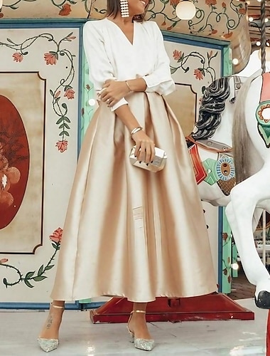  Коктейльные платья из двух частей, элегантное платье, одежда для свадебной вечеринки, длина чая, с длинными рукавами и v-образным вырезом, атласные со складками 2024
