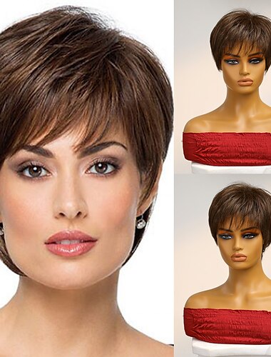  人間の髪のブレンド かつら ショート ナチュラルストレート ピクシーカット サイドパート レイヤード・ヘアカット アシメントリー・ヘアカット ブラウン コスプレ カーラー＆ストレートナー ナチュラルヘアライン キャップレス ブラジリアンヘア 女性用 フリーサイズ ベージュ 8 インチ パーティー クリスマスギフト デイリーウェア