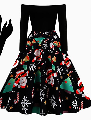  1950s Llamarada de navidad Mediodía Hasta la Rodilla Vestidos Vestido de navidad Vestido de fiesta de graduación Traje de santa Hombros Caídos Estampado Floral Navidad Estampado Vestido de Gala Mujer
