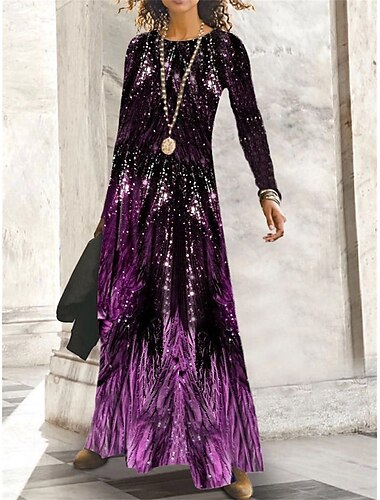  Damen Print Rundhals Langes Kleid Maxikleid Elegant Klassisch Alltag Urlaub Langarm Herbst Winter