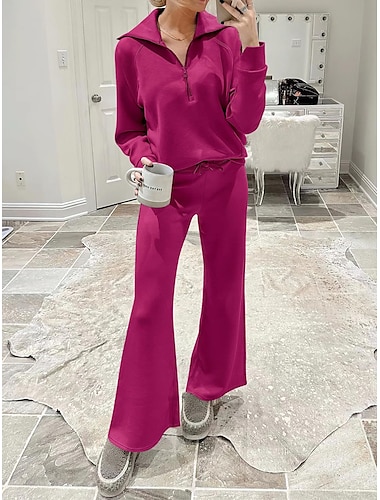 Women's Loungewear Sets Pure Color Fashion Sport Casual Home Street Daily Polyester Breathable Lapel Long Sleeve Hoodie Pant Pocket Fall Winter Black Fuchsia