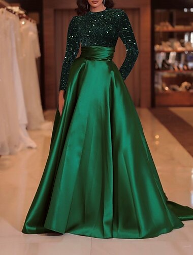  вечернее платье трапециевидного силуэта блестящее красно-зеленое платье торжественное коктейльное вечерние со шлейфом со шлейфом длинный рукав с высоким воротником осеннее свадебное платье из атласа