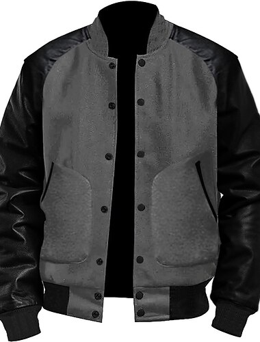  Men's Transition Jacket Varsity Jacket Daily Wear Leather Sleeved Spring &  Fall Plain Streetwear Stand Collar Short Black White Light Grey Dark Gray Jacket