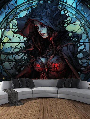  halloween glas-in-lood heks hangend tapijt kunst aan de muur groot tapijt muurschildering decor foto achtergrond deken gordijn thuis slaapkamer woonkamer decoratie halloween decoraties