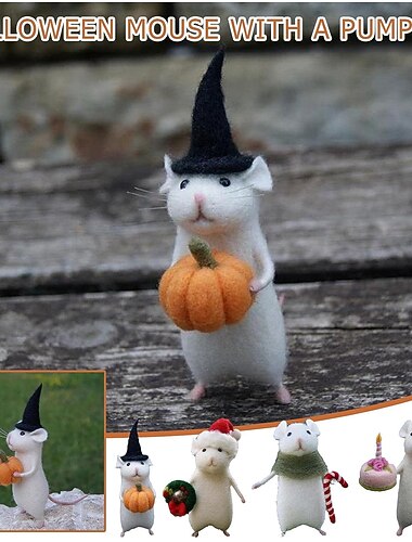 Halloween-mus med gresskar, julemus med gave, søt filtmusepynt, nålefiltmus, bursdagsmus, nålefiltingssett, ingen ferdig DIY-settpakke, nålefiltingsminiatyr