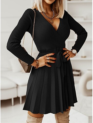  Damen strickkleid Strickkleid Pulloverkleid Minikleid Strickware Modisch Täglich Glatt Outdoor Täglich Ausgehen Chorhemd Ausschnitt Langarm Vorne binden 2023 Lockere Passform Schwarz Grün Kaki S M L