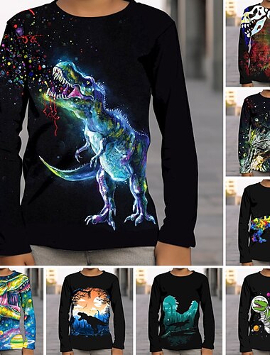  Jungen 3D Graphic Galaxis Dinosaurier T-Shirt Langarm 3D-Druck Sommer Frühling Herbst Sport Modisch Strassenmode kinderkleidung 3-12 Jahre Outdoor Casual Täglich Regular Fit