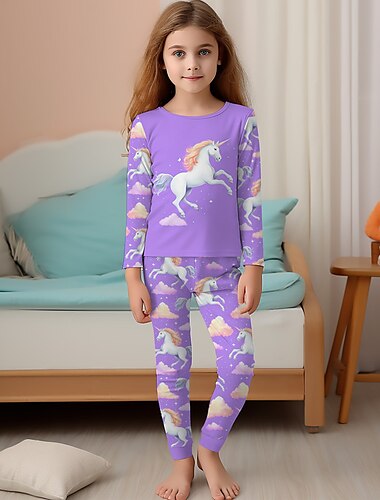  Para Meninas 3D Unicórnio Conjuntos de pijama Rosa Manga Longa Impressão 3D Outono Inverno Ativo Moda Estilo bonito Infantil 3-12 anos Gola Redonda Casa Casual Interior Normal