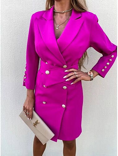  Damen Arbeitskleidung blazerkleid Etuikleid Modisch B¨¹ro Täglich Minikleid Doppelreihiger Verschluss Hemdkragen Langarm Glatt Lockere Passform Schwarz Weiß Grün Herbst Winter S M L XL