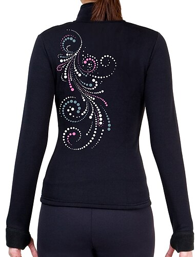  Fleecejacke fürs Eiskunstlaufen Damen Mädchen Eislaufen Jacke Shirt Schwarz Daumenloch elastisch Ausbildung Wettbewerb Eiskunstlaufkleidung warm Kristalle Langarm Eislaufen Eiskundstlauf