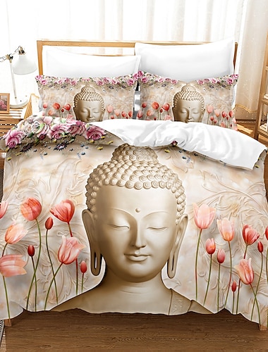  buddha mönstertryck påslakan sängkläder set påslakan med 1 tryckt påslakan eller täcke，2 örngott för dubbel/drottning/kung