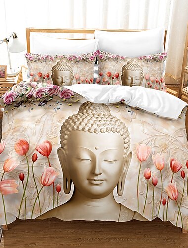  Povlečení na přikrývku s potiskem vzoru buddha Povlečení na přikrývku s 1 potiskem na přikrývku nebo přikrývku，2 povlaky na polštář pro manžele/královnu/krále
